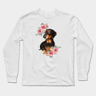 Cute Black Dachshund Puppy Dog Watercolor Art Long Sleeve T-Shirt